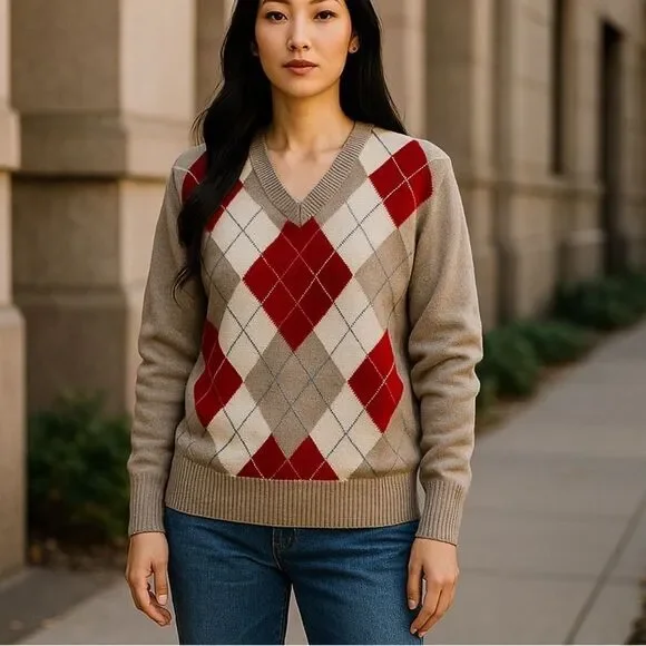 Vintage Berk V Neck Argyle Sweater 100% Lambswool Made in Scotland Sz 44 Bust - Picture 1 of 11